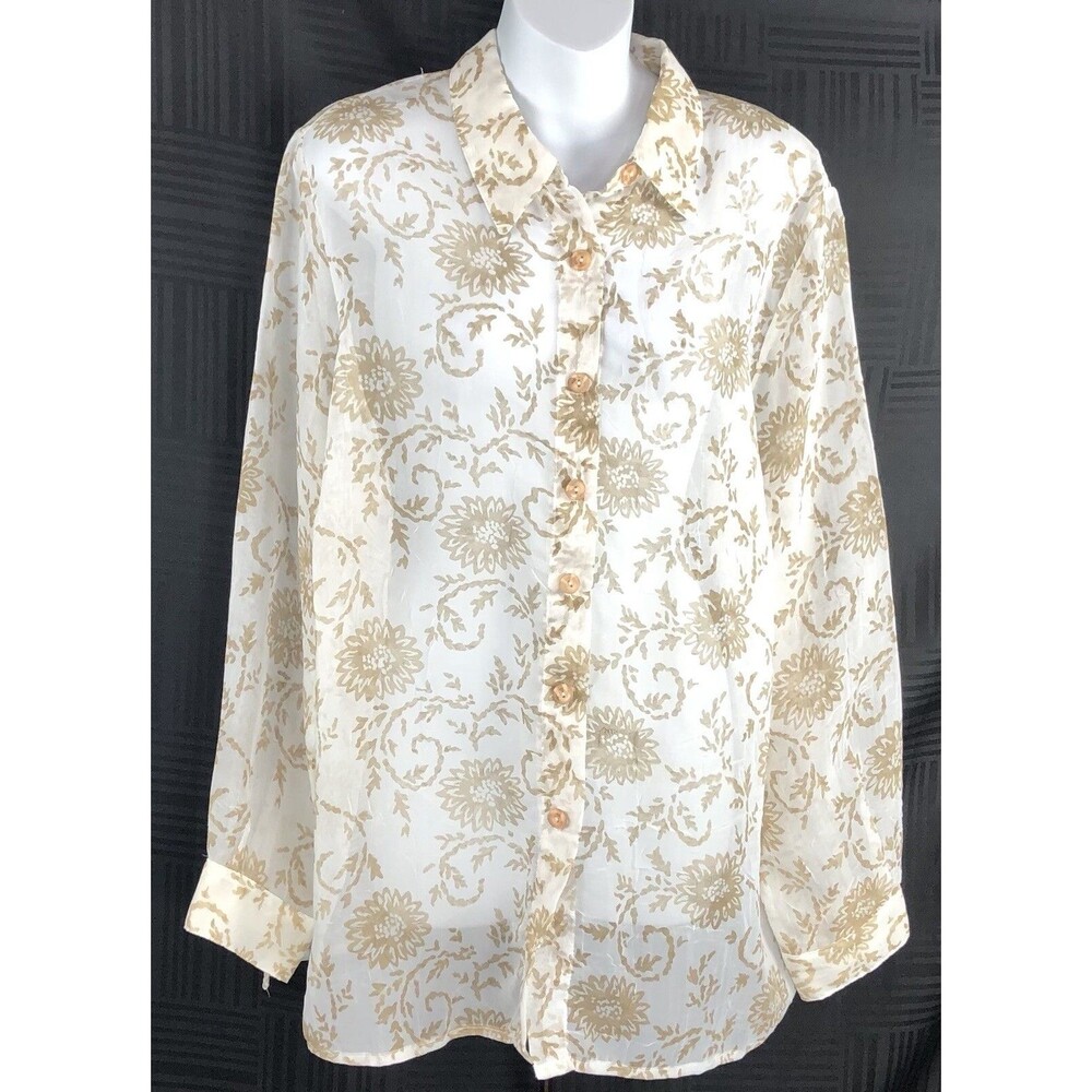 Alfred Dunner sheer chiffon top 16W Wht Tan Floral LongSleeve Collar OverShirt